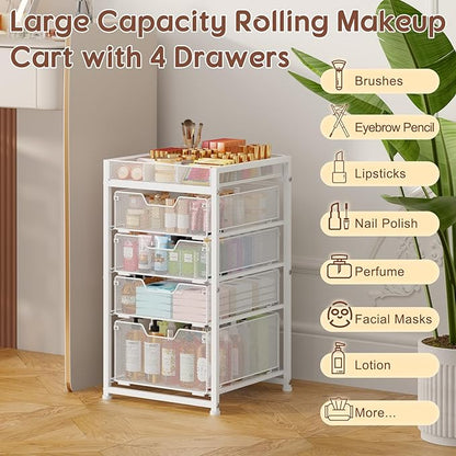 5-Tier Rolling Makeup Cart Organizer with 4 Drawers, Cosmetics Display with Dividers, Floor Skincare Storage with Wheels, Versatile Vanity Organizer for Nail Polish Perfume Brush Hair Tool, White