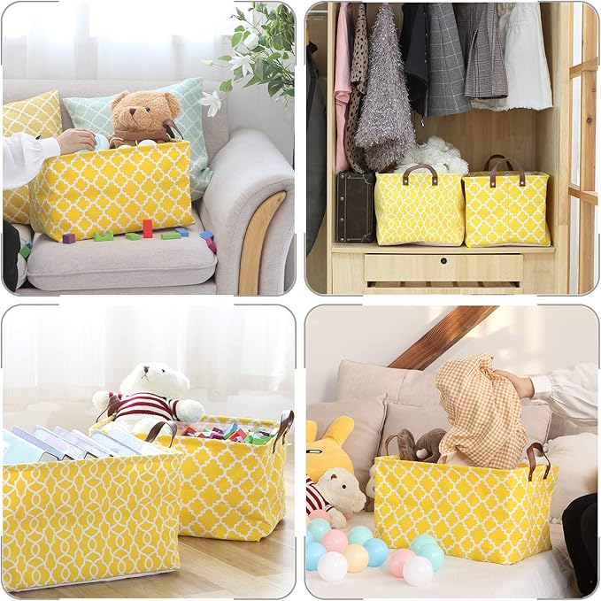 Sea Team Moroccan Pattern, Canvas Fabric Storage Basket, Collapsible Geometric Design, Storage Bin with Drawstring Cover and PU Leather Handles, 16.5 x 11.8 inches, Waterproof Inner, Yellow
