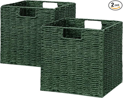 Vagusicc Wicker Storage Basket, Set of 2 Hand-Woven Paper Rope Wicker Baskets, Foldable Cube Storage Bins, Square Storage Baskets for Organizing Shelves & Decor, Green (11″×11″×11″)