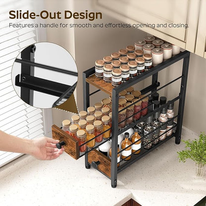 YATINEY Spice Rack, 3-Tier Pull Out Spice Rack Organizer for Countertop, Narrow Kitchen Countertop Storage Shelf with 2 Drawers, for Kitchen, Cafe, Rustic Brown and Black SR02BR