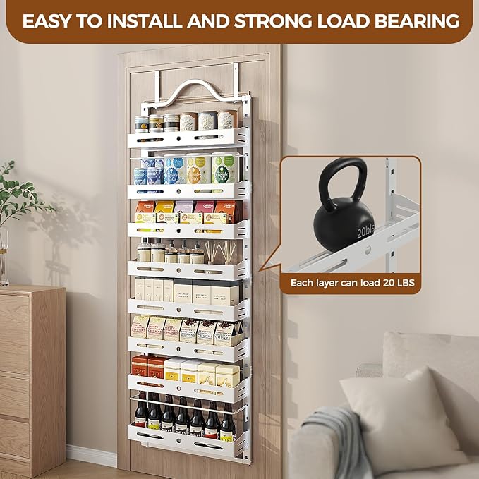 8-Tier Over The Door Pantry Organizer, Large 2 IN 1 Wall Mount or Hanging Spice Rack, Pantry Door Organizer and Storage with Adjustable Basket, Door Spice Rack for Pantry, White