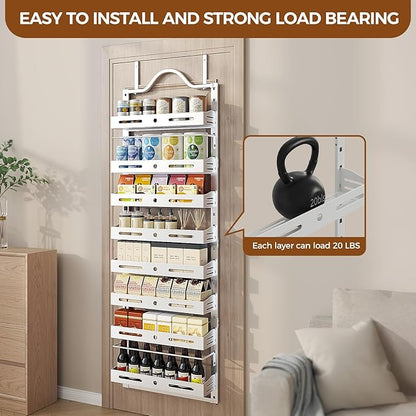 8-Tier Over The Door Pantry Organizer, Large 2 IN 1 Wall Mount or Hanging Spice Rack, Pantry Door Organizer and Storage with Adjustable Basket, Door Spice Rack for Pantry, White