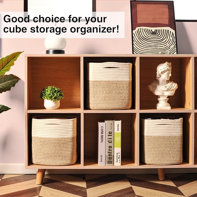 11 Inch Cube Storage Bins, 11x11 Organization Bins for Cube Organizer, Square Cloth Storage Cubes, Woven Storage Baskets for Shelves, Toy Baskets Storage Kids, Off White & Brown (Pack of 3)