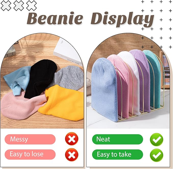Hicarer Beanie Holder Organizer Metal Beanie Hat Display Stand Knitted Hat Storage Rack for Swimming Cap Display Vendors Home Entryway Tabletop Bedroom Closet Dresser Room Office(Gold)