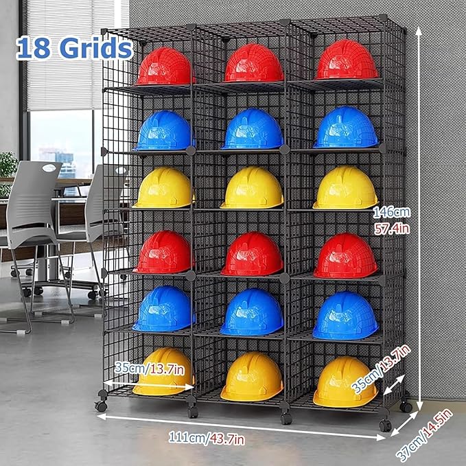 Stackable Safety Helmet Storage Boxes, Large Adjustable Hard Hat Placement Organizer Rack with Wheels for Construction Site/Garage/Workshop/Factory Helmet Display Shelf (3 * 6)
