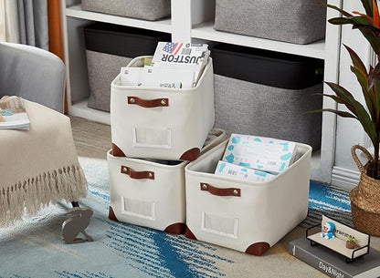 DECOMOMO White Storage Bins Fabric Storage Baskets for Shelves & Linen Closet Organization (Creamy White W/ Label holder, Large - 3 Pack)