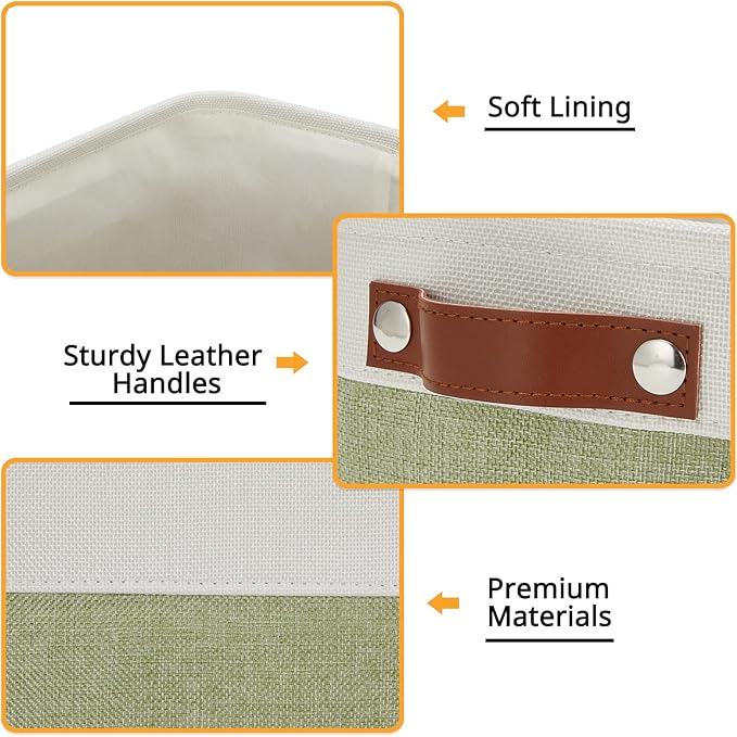 DULLEMELO Small Storage Basket, Fabric Collapsible Gift Storage Basket for Shelves, Closets, Nursery, Home, Office Organizing, Small Canvas Linen Rectangular Storage Bin with Handles (White&Green)