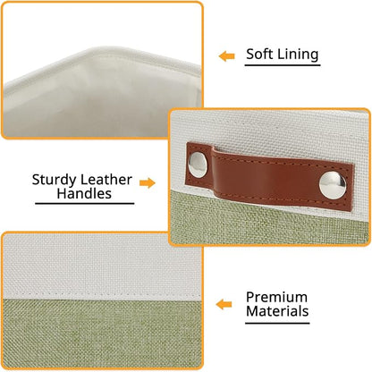 DULLEMELO Small Storage Basket, Fabric Collapsible Gift Storage Basket for Shelves, Closets, Nursery, Home, Office Organizing, Small Canvas Linen Rectangular Storage Bin with Handles (White&Green)