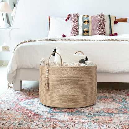 Mkono Extra Large Laundry Basket Woven Storage Baskets for Blankets Toys Clothes Organizer, Decorative Clothes Hamper 21.7" x 13.8"