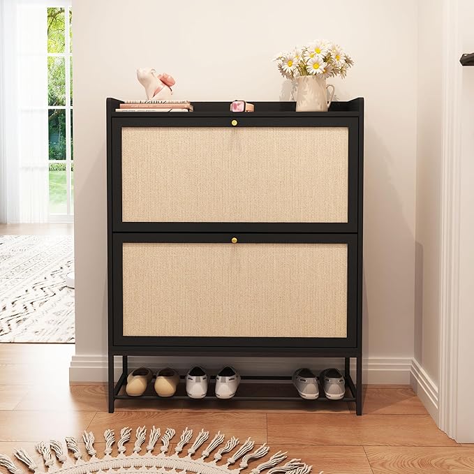AVZEAR Narrow Shoe Storage Cabinet for Entryway with 2 Flip Drawers, Freestanding Shoe Cabinet with Natural Linen Panel, Slim Wood Shoe Organizer Closed Shoe Rack for Hallway, Foyer(Black)
