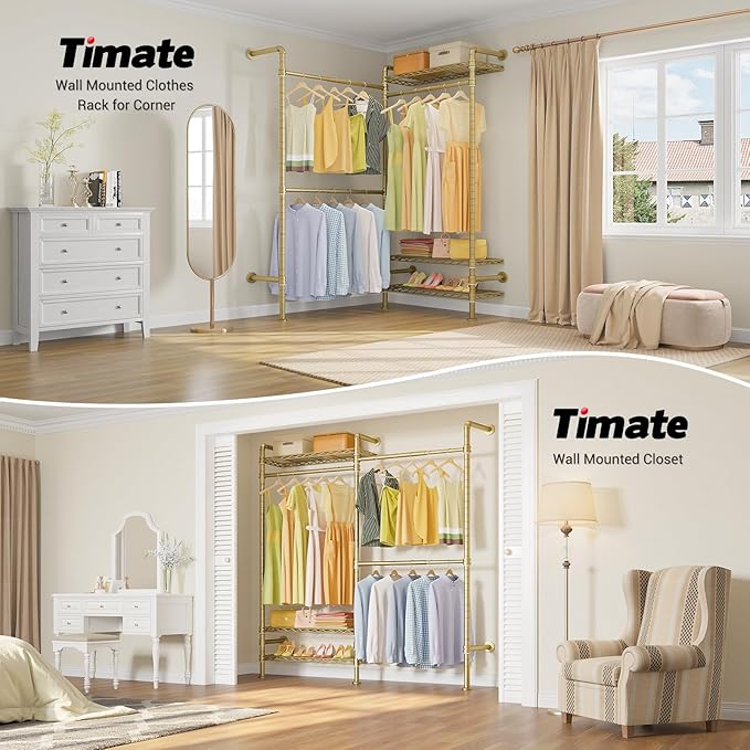 Timate F2 Industrial Pipe Clothes Rack Wall Mounted Clothing Rack for Hanging Clothes, Expandable Garment Rack Heavy Duty Wardrobe Closet Organizer and Storage, Adjustable Industrial Closet Kit, Gold