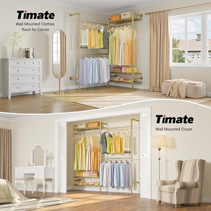 Timate F2 Industrial Pipe Clothes Rack Wall Mounted Clothing Rack for Hanging Clothes, Expandable Garment Rack Heavy Duty Wardrobe Closet Organizer and Storage, Adjustable Industrial Closet Kit, Gold