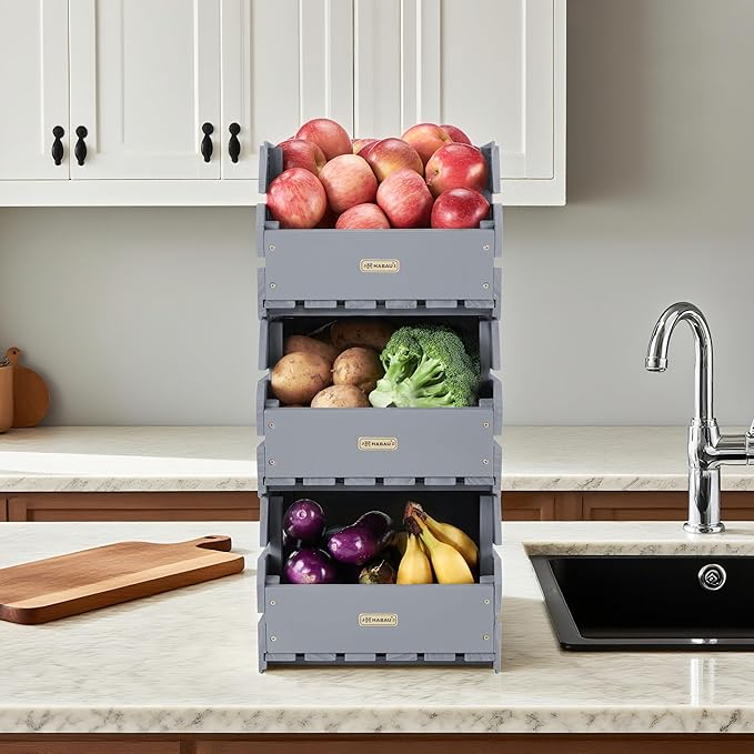 Wood Potato Onion Storage Bins - Wooden Stackable Produce Basket - Fruit Vegetable Storage for Kitchen Pantry Organization, Set 3 Pieces