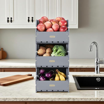 Wood Potato Onion Storage Bins - Wooden Stackable Produce Basket - Fruit Vegetable Storage for Kitchen Pantry Organization, Set 3 Pieces
