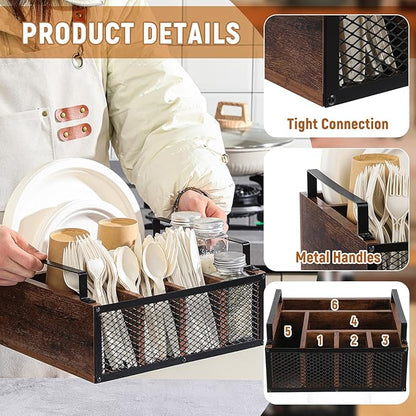 Mimorou Wooden Napkin Paper Plate and Utensil Holder Caddy for Party Kitchen Counter Cutlery Flatware Organizer for Utensil Caddy Cups Spoon Forks Napkins, Kitchen Accessories(Dark Wood Color)