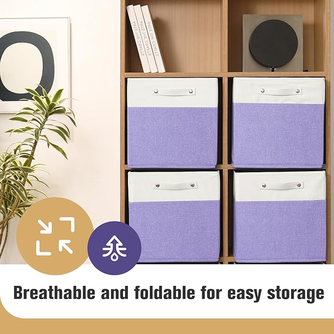 FinishingBo 13 x 13 Inch Fine Linen Storage Bins with Handles，Fabric Cube Boxs，Basket Organizers for Shelves for Home, Closet Drawers (White/Purple-4 Pack)