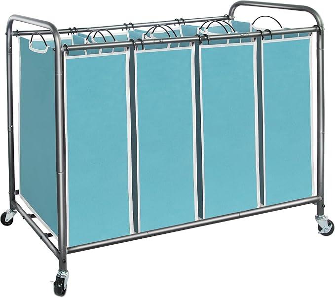 STORAGE MANIAC Laundry Sorter 4 Section, 47.8 Gal (181 L) Laundry Hamper with Wheels, Clothes Divider Basket Sorter, Clothes Separator Hamper Cart with Wheels and Removable Bags, Blue
