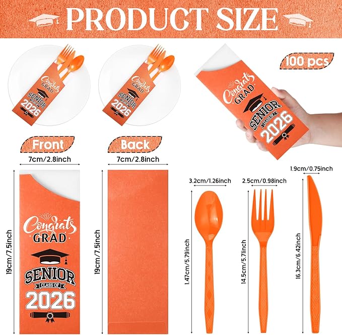 Funnymoom 400 Pcs 2026 Graduation Wrapped Silverware Bags Holder - Disposable Dinnerware Set Includes Plastic Spoons Knives and Forks, Class of 2026 Parties School Congrats Supplies(Orange)