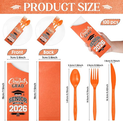 Funnymoom 400 Pcs 2026 Graduation Wrapped Silverware Bags Holder - Disposable Dinnerware Set Includes Plastic Spoons Knives and Forks, Class of 2026 Parties School Congrats Supplies(Orange)
