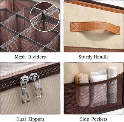 Shoe Organizer for Closet, 2 Pack Foldable Shoe Storage Organizer with Clear Cover and Reinforced Handles,Space Saving Stackable Shoe Boxes for Closet and Bedroom,Coffee Brown and Cream Beige
