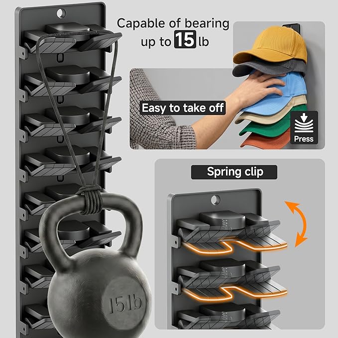 2 Pack Hat Organizer for Baseball Caps Wall Mounted, Hat Rack & Hat Holder with Strong Adhesive or Screws, Spring Clips Secure Hold, Space Saving Hat Organizer for Door, Closet or Entryway