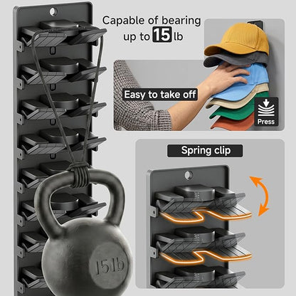 2 Pack Hat Organizer for Baseball Caps Wall Mounted, Hat Rack & Hat Holder with Strong Adhesive or Screws, Spring Clips Secure Hold, Space Saving Hat Organizer for Door, Closet or Entryway