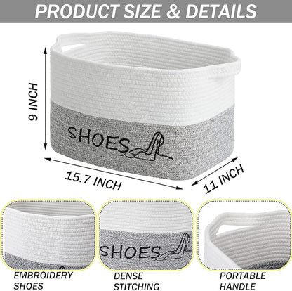 Woven Rope Embroidered Shoes Storage Basket 15.7 x 11 x 9 Large Capacity Fabric Cotton Rope Shoe Storage Organizer Bin Foldable with Handles for Hallway, Entryway, Closet, Laundry Room
