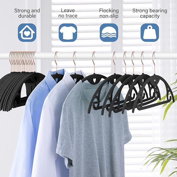Velvet Hangers 50 Pack: Felt Clothes Hangers Heavy Duty Shirt Sweater Hangers No Shoulder Bump Non Slip Slim Thin Coat Hangers for Closet - Black Grey