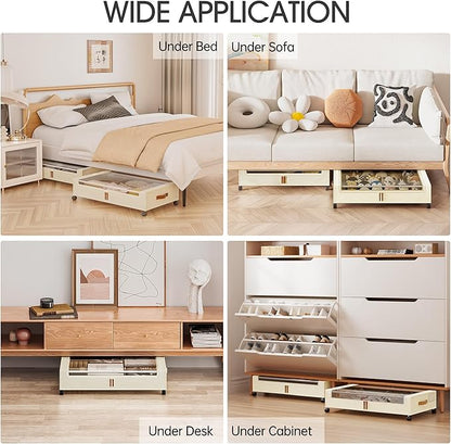Yecaye 4 Pack Under Bed Storage with Wheels, Under Bed Storage Containers with Lids, Large Under Bed Rolling Storage with Clear Window & Label, Rolling Drawers for Clothes, Blankets, Books