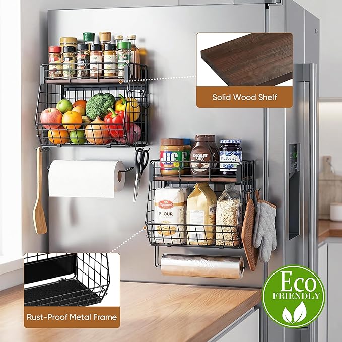 Magnetic Spice Rack for Refrigerator with Paper Towel Holder, Fruit Basket with 2 Hooks for Kitchen Storage and Organizer, Full‑Enclosed Magnetic Shelf 33 lbs for Laundry, Pantry, Coffee Bar and RV