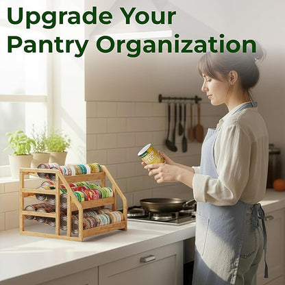 HOMESTEAD Bamboo Can Organizer for Pantry - 3 Tier Rack with Adjustable Dividers, Gravity Feed Canned Goods Organizer, 36 Cans Soda Storage