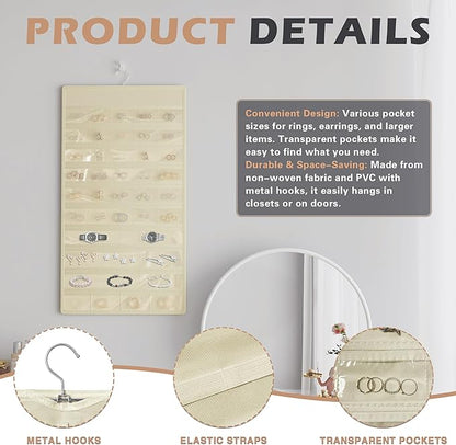 Hanging Jewelry Organizer Storage Roll, Double-Sided Necklaces Holder, 42 Pockets Plus 36 hooks Earrings Organizer Hang in Closet, On Wall, or Doors, Beige