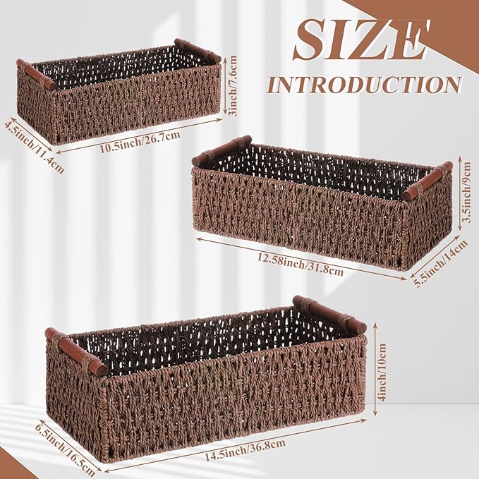 Boao 3 Pcs Boho Storage Wicker Baskets Handmade Woven Decorative Paper Rope Baskets for Organizing with Handle Countertop Toilet Paper Storage Container for Toilet Tank Top(Brown,Rectangle)