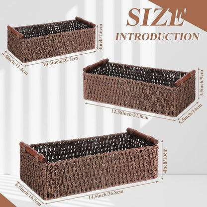 Boao 3 Pcs Boho Storage Wicker Baskets Handmade Woven Decorative Paper Rope Baskets for Organizing with Handle Countertop Toilet Paper Storage Container for Toilet Tank Top(Brown,Rectangle)