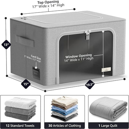 Storage Bins with Metal Frame - Stackable & Foldable Clothes Organizer Bags - Oxford Fabric Storage Containers with Large Clear Window & Carry Handles, Organization for Bedding, Linen, Clothes & More