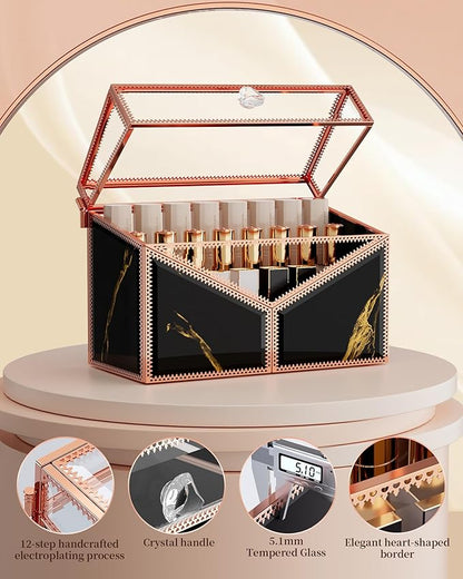 Youdepot Lipstick Organizer Lipstick Holder - 24 Spaces, Tempered Glass Lip Gloss and Perfume Organizer,Vanity Lipstick Holder and Organizer.Black