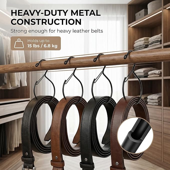 Scarf Hangers and Holder for Closet, 4 Pack Rust-Resistant Belt Hooks for Closet, S-Shaped Metal Belt Organizers, 15 lbs Heavy-Duty, Black, with 4 Lavender Sachets