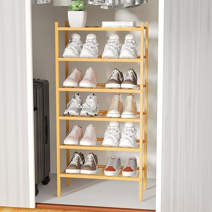 ROMGUAR CRAFT 6-Tier Bamboo Small Shoe Rack, Free Standing Wood Shoe Shelf Storage Organizer for Closet Entryway Stackable (Natural)