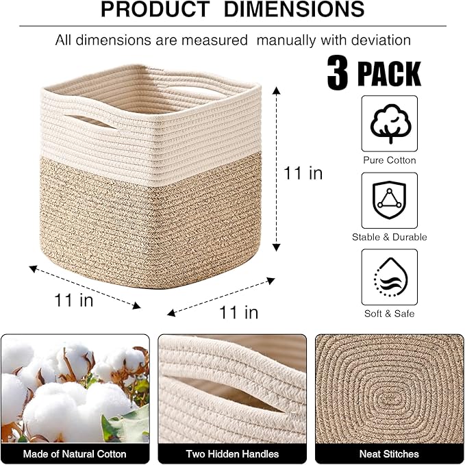 11 Inch Cube Storage Bins, 11x11 Organization Bins for Cube Organizer, Square Cloth Storage Cubes, Woven Storage Baskets for Shelves, Toy Baskets Storage Kids, Off White & Brown (Pack of 3)