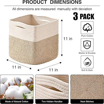 11 Inch Cube Storage Bins, 11x11 Organization Bins for Cube Organizer, Square Cloth Storage Cubes, Woven Storage Baskets for Shelves, Toy Baskets Storage Kids, Off White & Brown (Pack of 3)