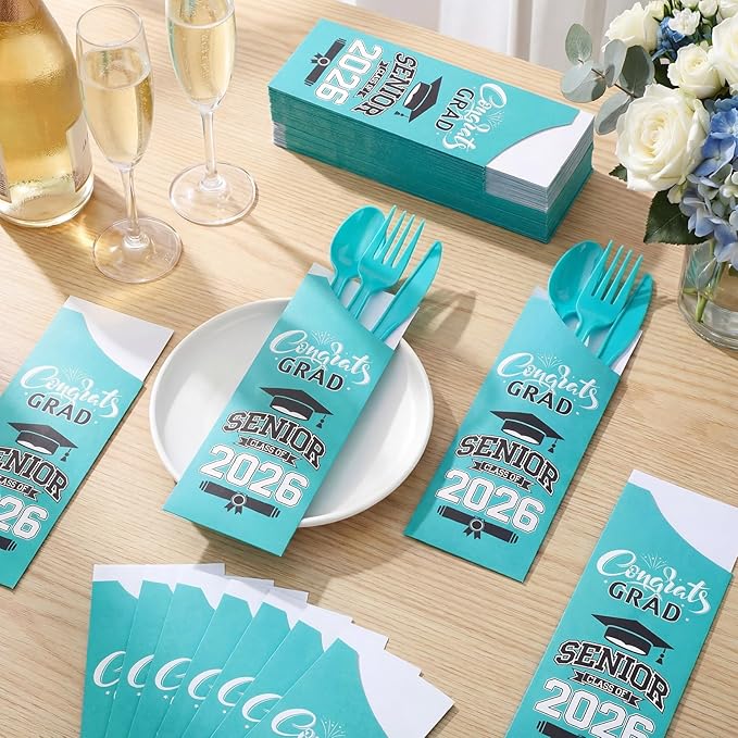 Funnymoom 400 Pcs 2026 Graduation Wrapped Silverware Bags Holder - Disposable Dinnerware Set Includes Plastic Spoons Knives and Forks, Class of 2026 Parties School Congrats Supplies(Lake Blue)