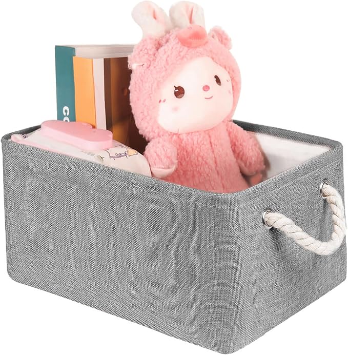 Storage Bins with Sturdy Cotton Handles(1 Pack), Fabric Storage Baskets for Organizing use for Office & Home, Book, Clothes, Toys, Closet Boxes (Large, Grey, 15.7x11.8x7.9 inches)