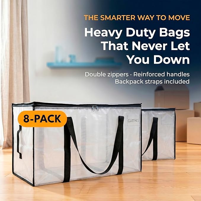 ClearSpace Heavy Duty Moving Bags or Storage Bags – Clear Storage Bins with Lids, Large Moving Boxes with Backpack Straps & Zippers – Packing Bags & Moving Supplies for College Dorm- 8 Pack
