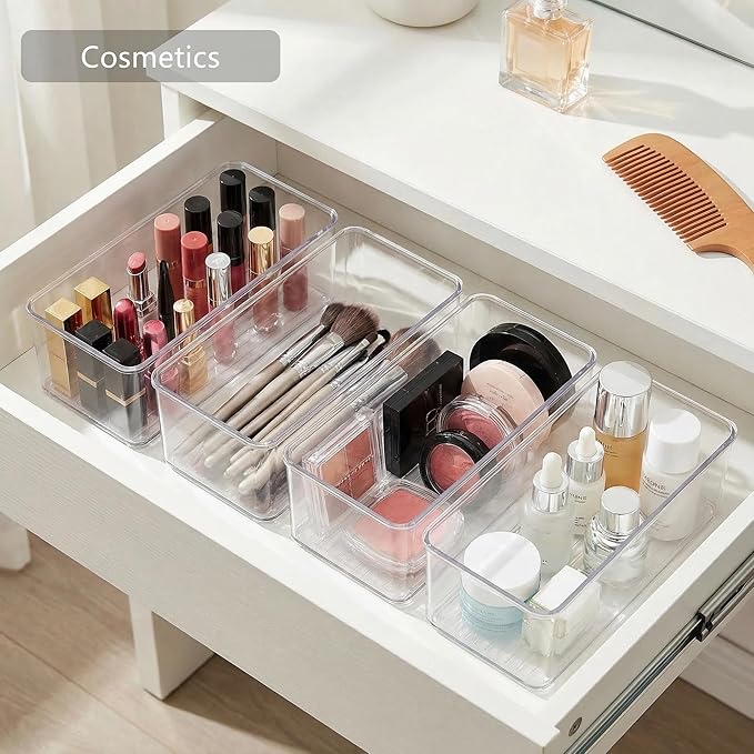 Qilinba 8 PACK Drawer Organizer Bins Bathroom Deep Drawer Silverware Organizers Clear Stackable Storage Bins for Vanity, Pantry, Office, Cabinet, Kitchen Counter Organization and Storage
