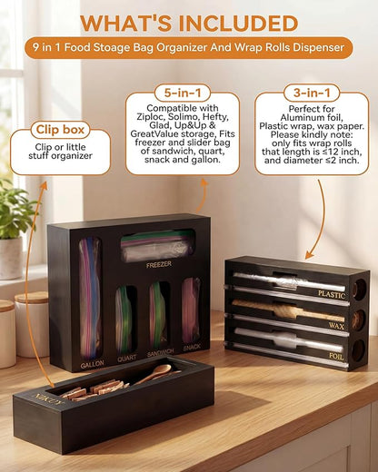 9 IN 1 Bamboo Foil and Plastic Wrap Organizer for Kitchen Drawer, Plastic Bag Organizer Organization and Storage, Food Storage Bag Organizer (BLACK)