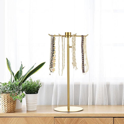 Rotating Keychain Display Stand - Height-adjustable Brushed Silver Metal Jewelry Organizer - Long Necklace Display Stand with 6 Hook - Scratch-resistant Display Racks for Craft Shows