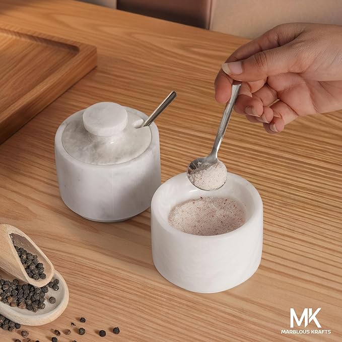 Marble Salt Cellar 3" Inch White Celtic Salt, Seasoning Containers for Kitchen Decor, Set of 2 Spice Jars, Countertop Storage, Sugar Bowl with Lid and Spoon, Ideal Mother’s Day Gift for Mom