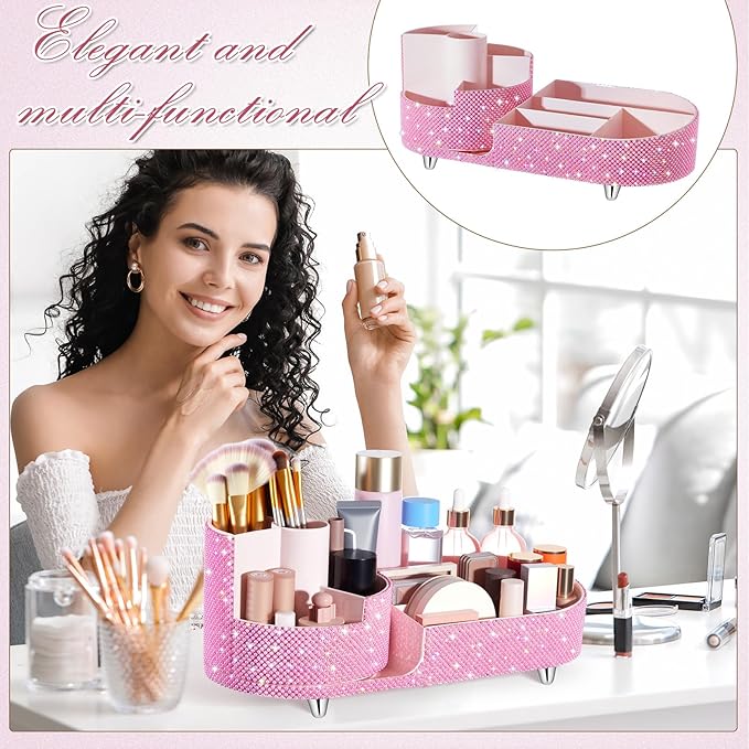 Teen Girls Mother's Day 360 Rotating Bling Makeup Organizer Gift Rhinestone Diamond Bathroom Organizer Girly Skin Care Brush Holder for Countertop, Bathroom Essentials(Pink,Pearl)