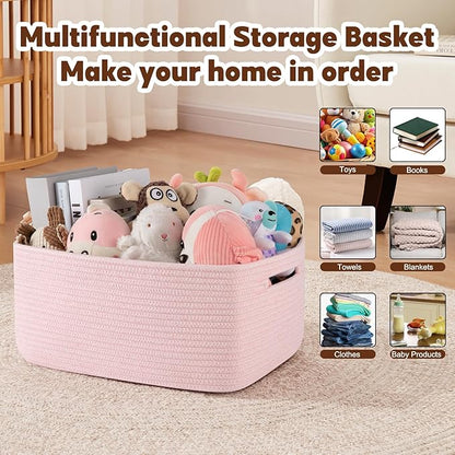 OIAHOMY Storage Basket for Shelves, Closet Cube Storage Bins Baskets for Clothes Blanket Towels, Baby Nursery, Toy Baskets Box, Woven Rope Basket, 15.75 * 11.81 * 7.09 IN, 2 Packs Mixed Pink