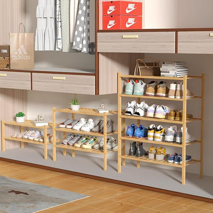 ROMGUAR CRAFT 5 Tier Bamboo Shoe Rack for Closet Free Standing Wood Shoe Shelf for Entryway Small Space Stackable 27"x11"x33" (Natural)
